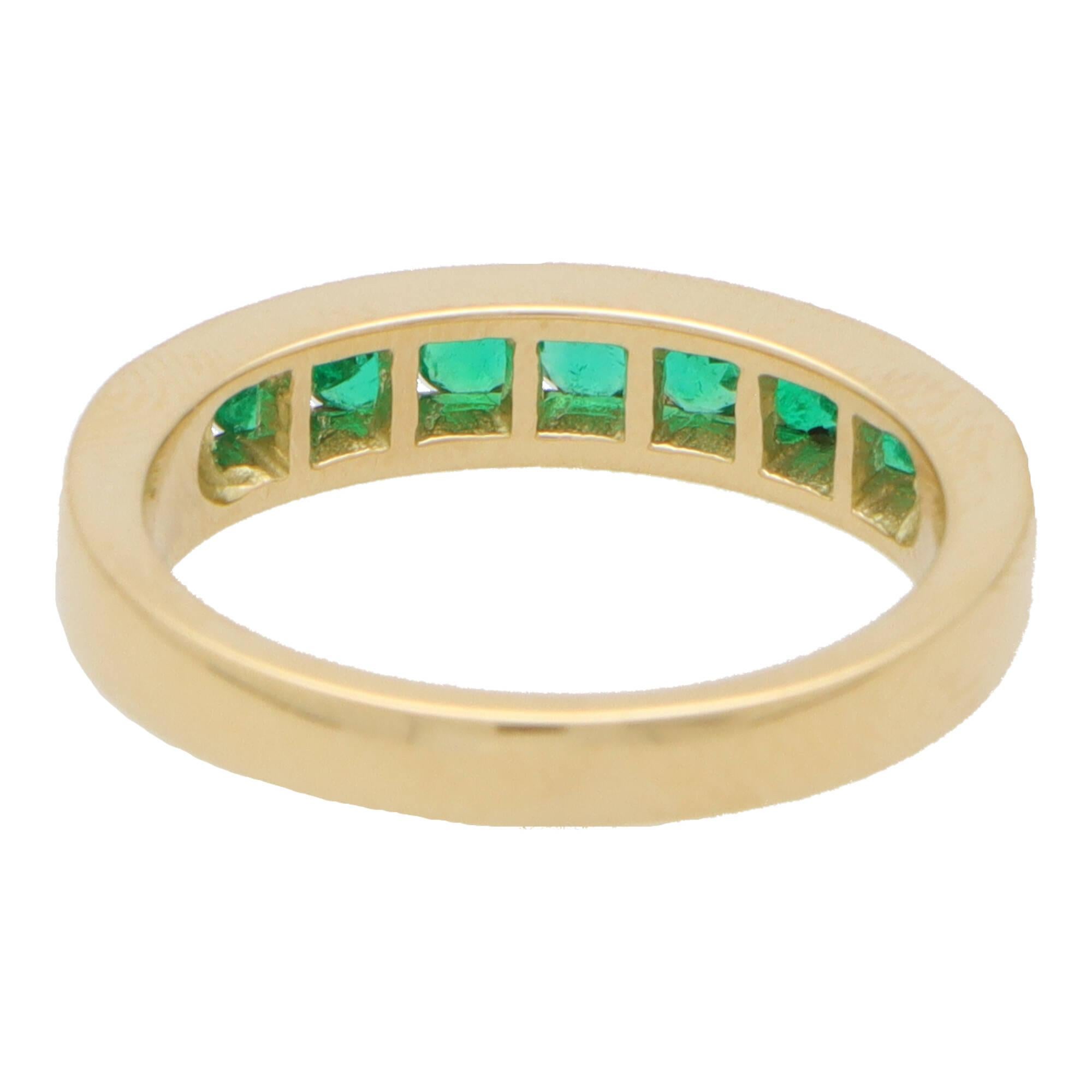 Round Cut Emerald Channel Set Half Eternity Ring in 18k Yellow Gold For Sale
