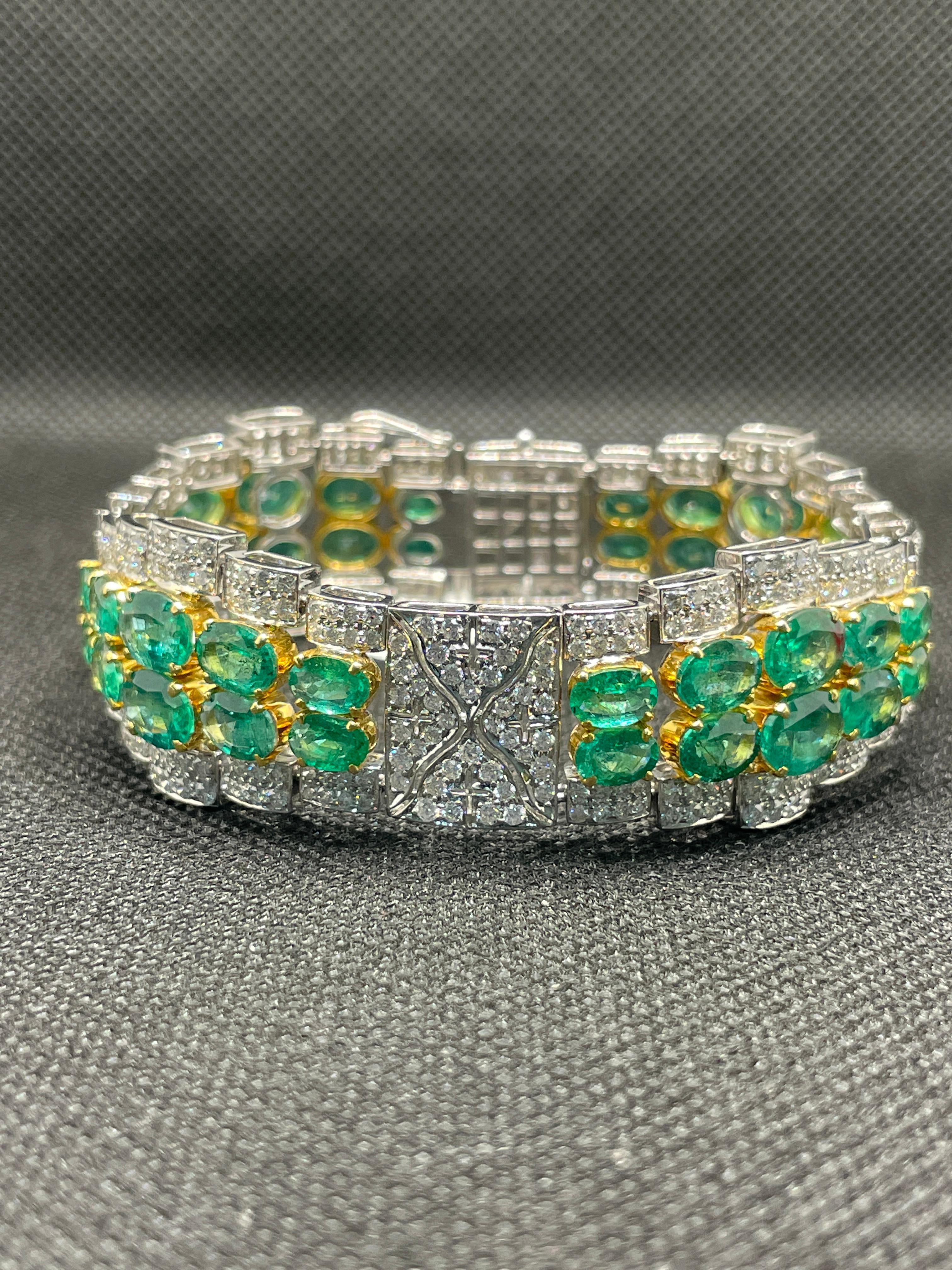 This Art Deco Emerald Diamond Wedding Bracelet in 18K gold showcases 40 endlessly sparkling natural emerald, weighing 23.74 carat and diamonds weighing 7.09 carat. It measures 7.5 inches long in length. 
Emerald enhances the intellectual capacity of