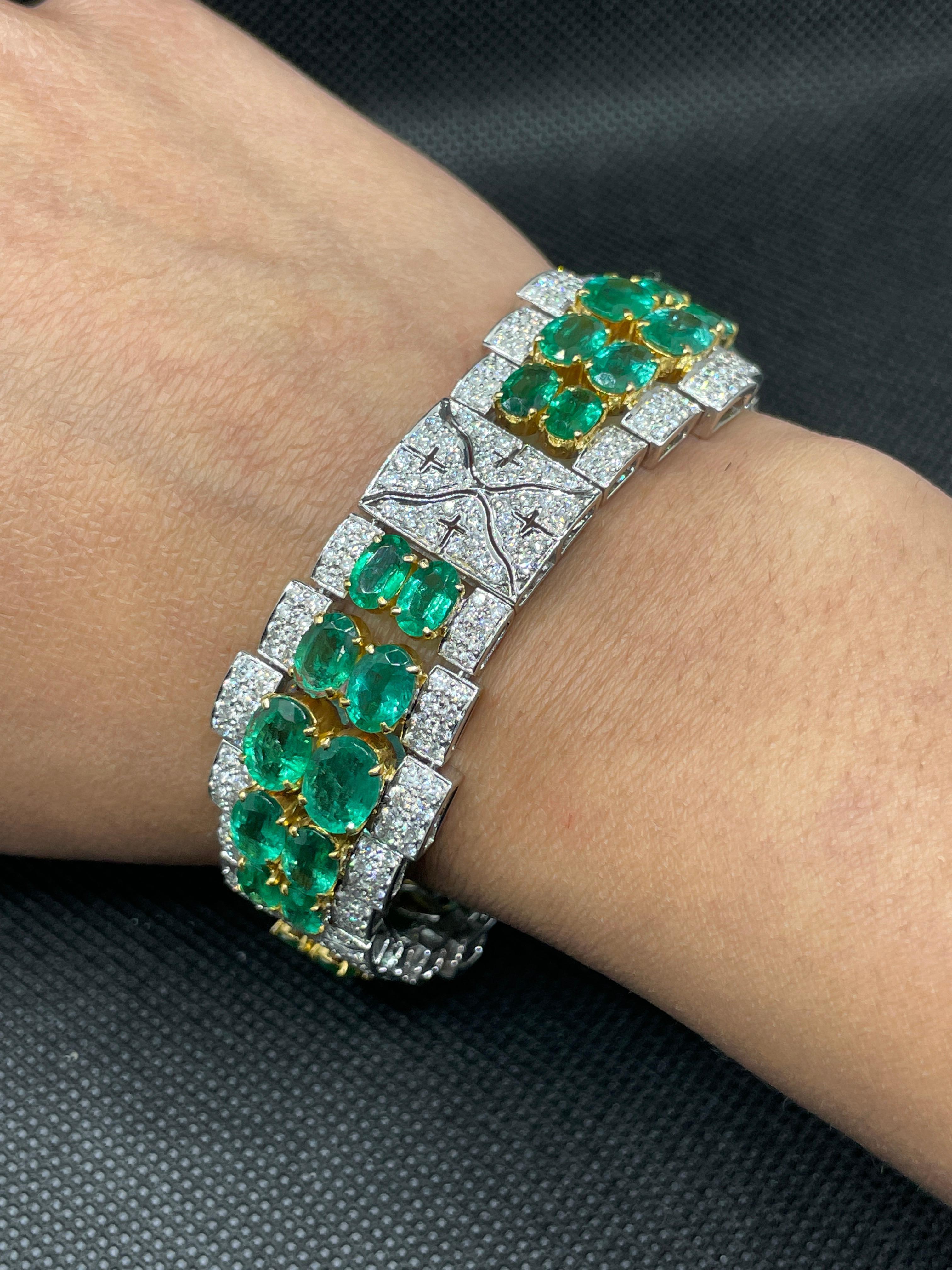 Women's 23.74 CTW Emerald and 7.09 CTW Diamond Bold Bracelet in 18k Solid White Gold For Sale