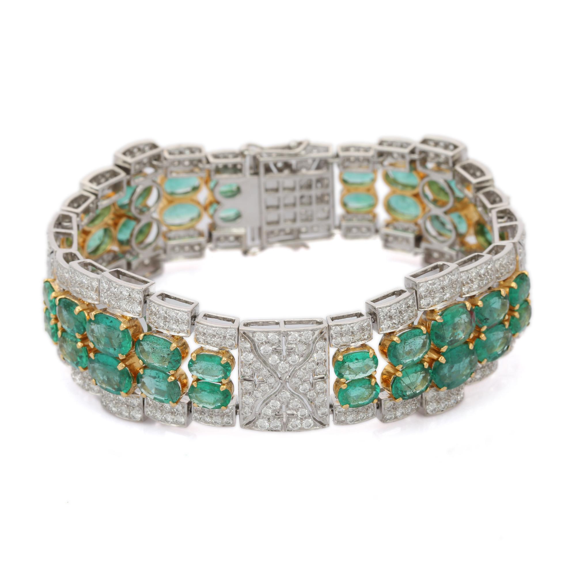 23.74 CTW Emerald and 7.09 CTW Diamond Bold Bracelet in 18k Solid White Gold For Sale 2