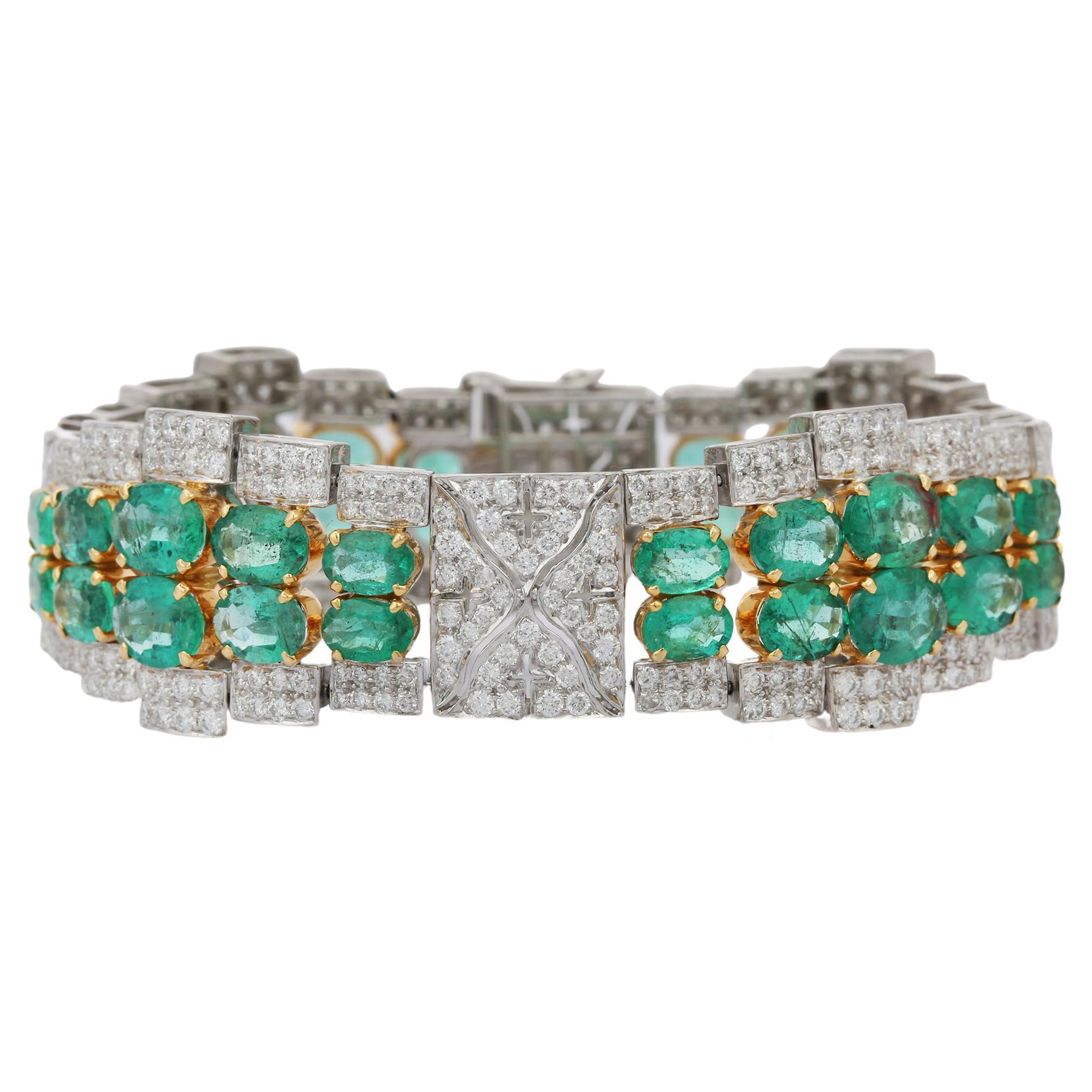 23.74 CTW Emerald and 7.09 CTW Diamond Bold Bracelet in 18k Solid White Gold For Sale