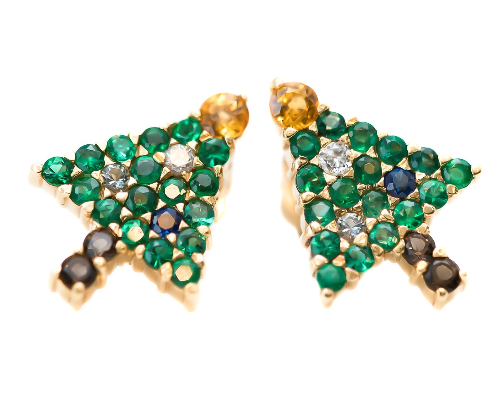 Contemporary Emerald Christmas Tree Earrings with Diamond, Sapphire, Citrine, 14 Karat Gold
