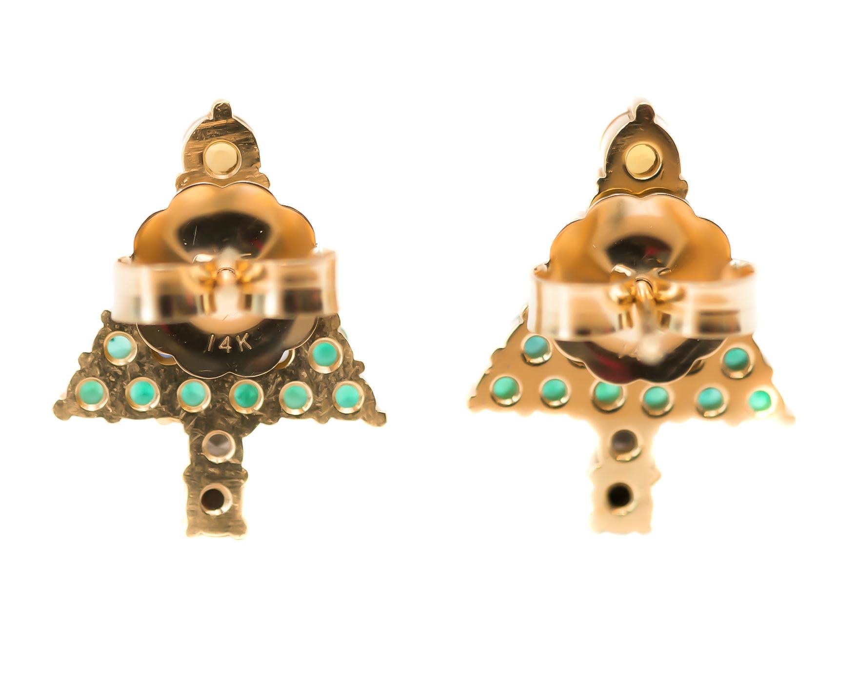 Round Cut Emerald Christmas Tree Earrings with Diamond, Sapphire, Citrine, 14 Karat Gold