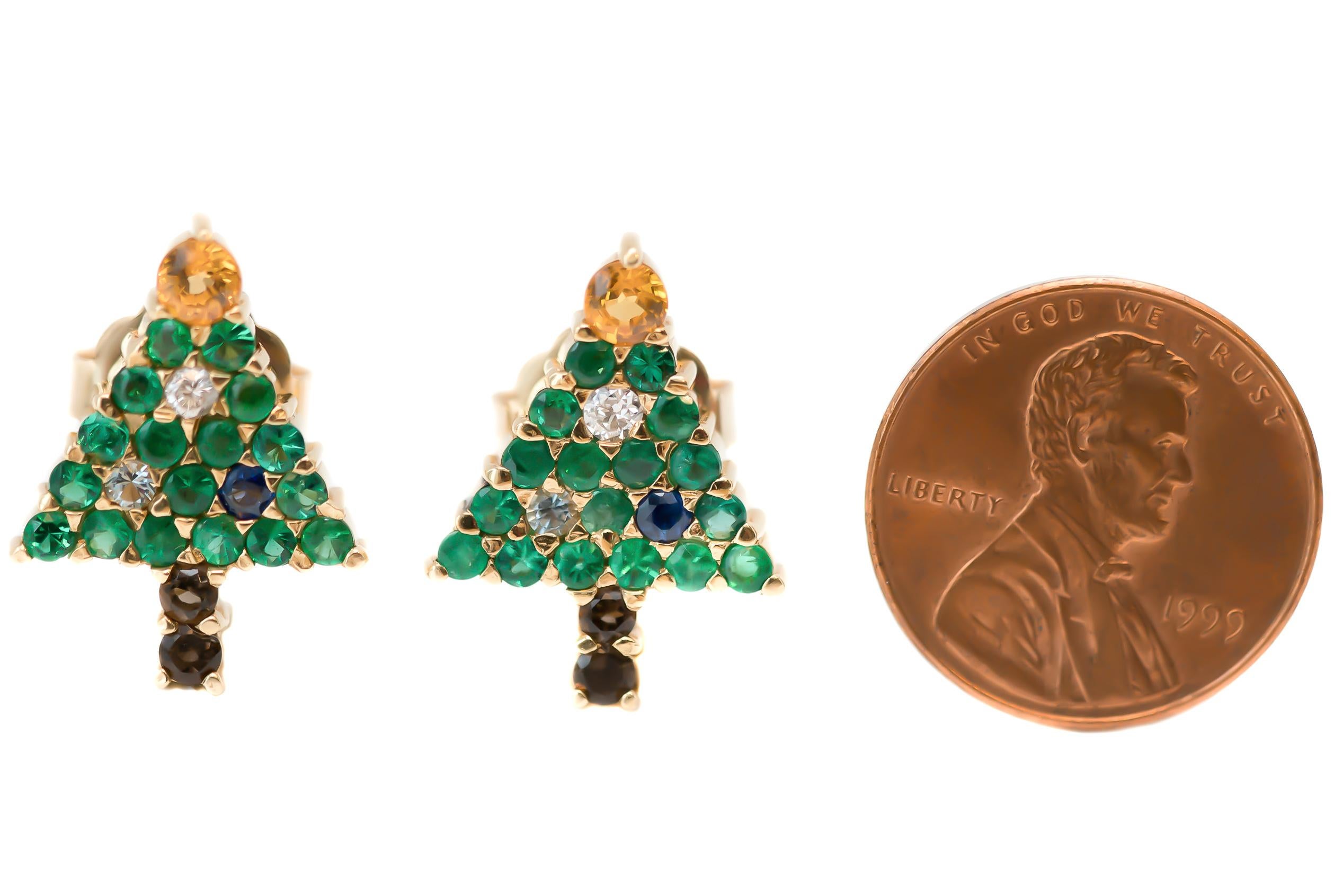 Emerald Christmas Tree Earrings with Diamond, Sapphire, Citrine, 14 Karat Gold In Good Condition In Atlanta, GA