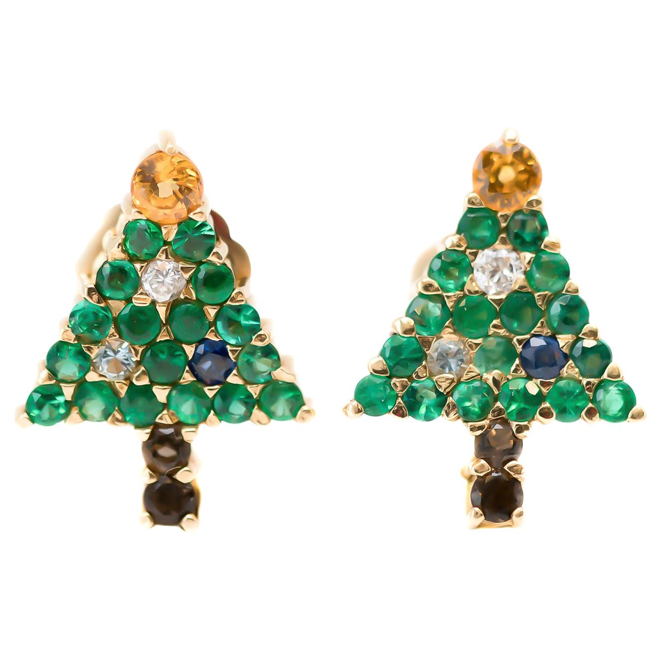 Emerald Christmas Tree Earrings with Diamond, Sapphire, Citrine, 14 Karat Gold