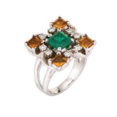 Emerald Citrine Diamond Ring Square Cocktail 14k White Gold Sz 5.5 Fine Jewelry