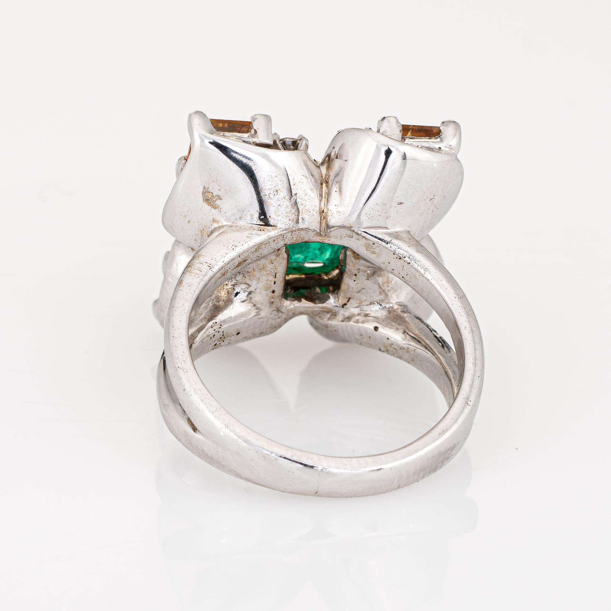 Emerald Citrine Diamond Ring Square Cocktail 14k White Gold Sz 5.5 Fine Jewelry In Good Condition For Sale In Torrance, CA