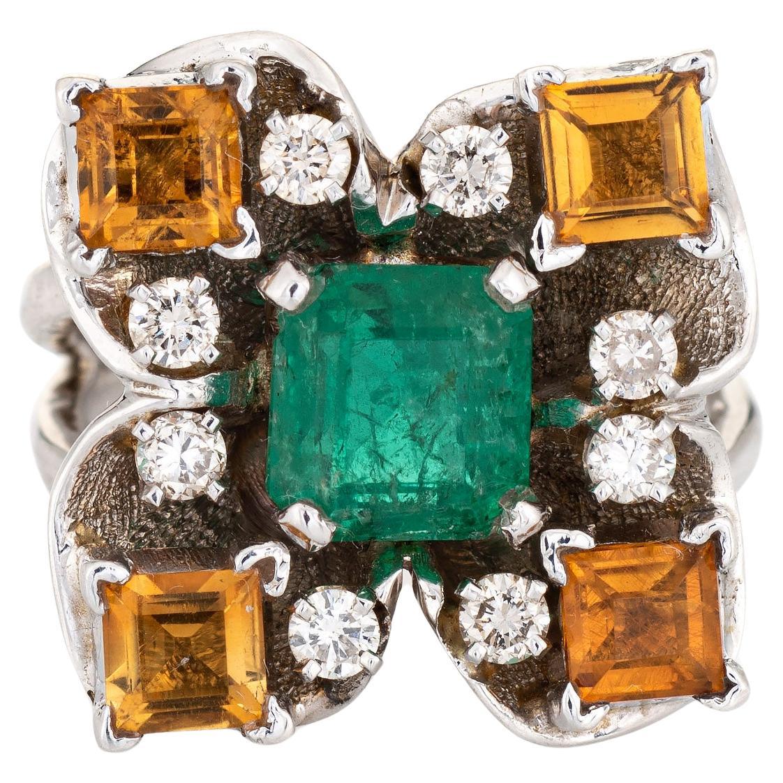 Emerald Citrine Diamond Ring Square Cocktail 14k White Gold Sz 5.5 Fine Jewelry For Sale
