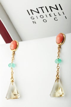 Emerald Citrine Quartz Pink Coral 18 Karat Yellow Gold Pendulum Dangle Earrings