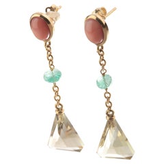 Emerald Citrine Quartz Pink Coral 18 Karat Yellow Gold Pendulum Dangle Earrings