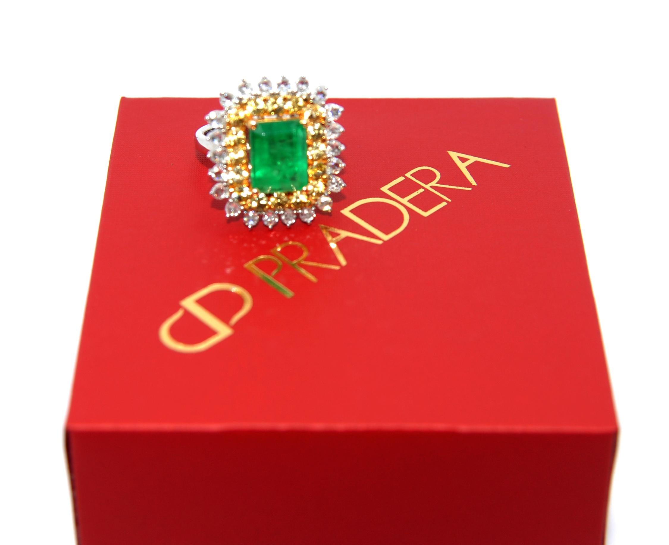 Empire Emerald Classic Cocktail Ring with Yellow and White Diamonds For Sale