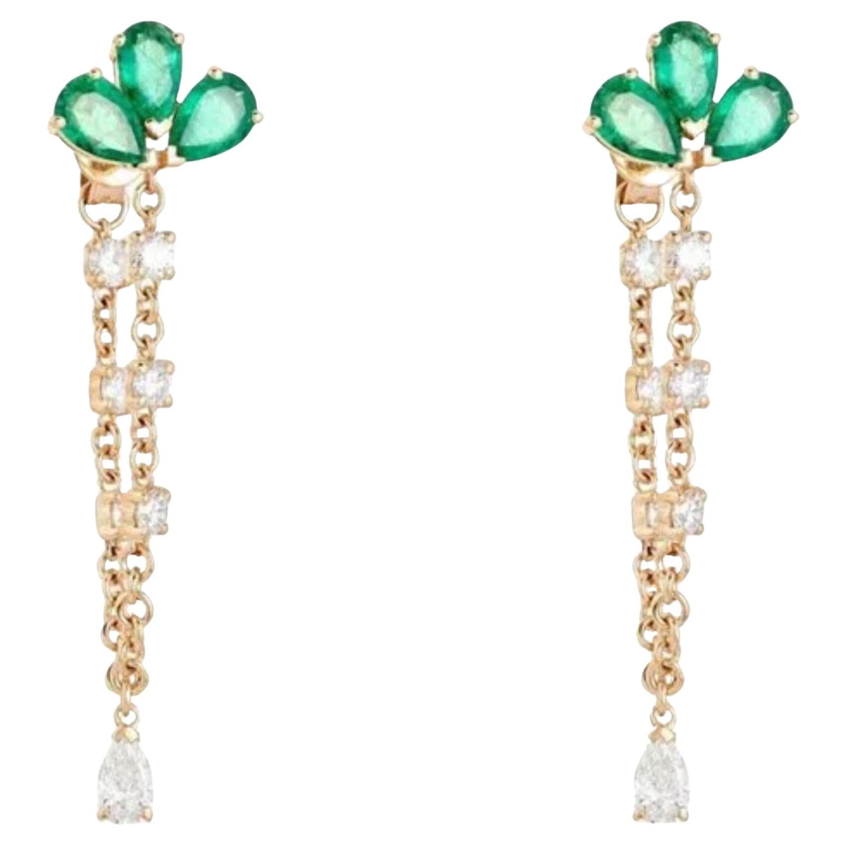 1.10ct Emerald & Diamond 14K Yellow Gold Chain Drop Earrings