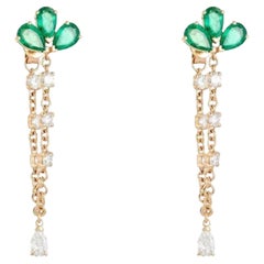 Pendientes colgantes de 1,10 ct con esmeraldas y diamantes, con cadena de oro amarillo de 14K