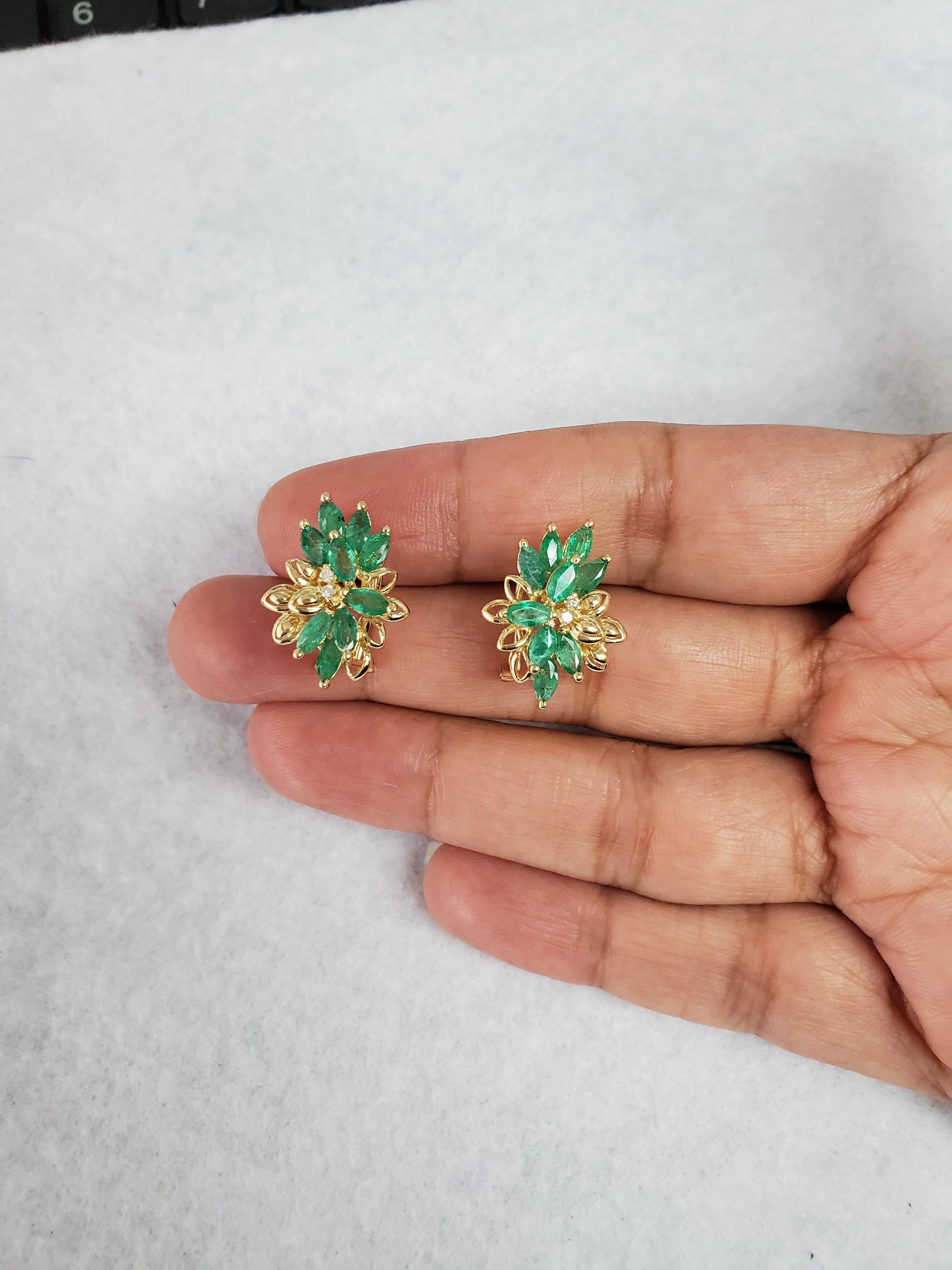 Marquise Cut Emerald Cluster Earrings 14Kk Yellow Gold For Sale