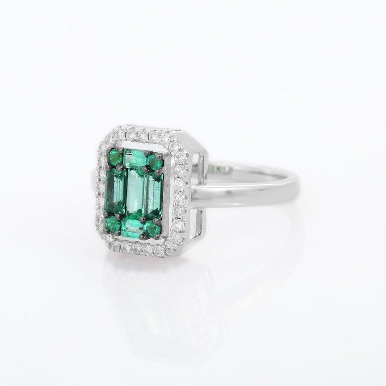 For Sale:  Emerald Cluster Engagement Ring with Diamonds in 18k Solid White Gold 10