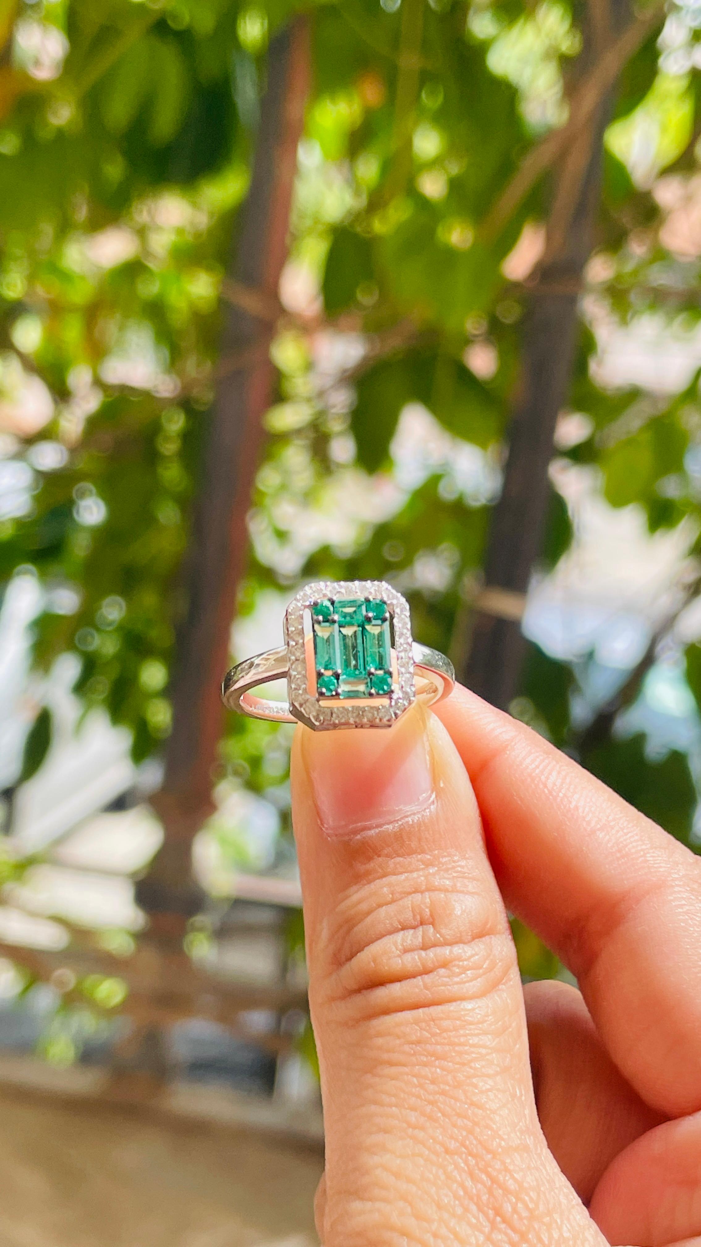 For Sale:  Emerald Cluster Engagement Ring with Diamonds in 18k Solid White Gold 11