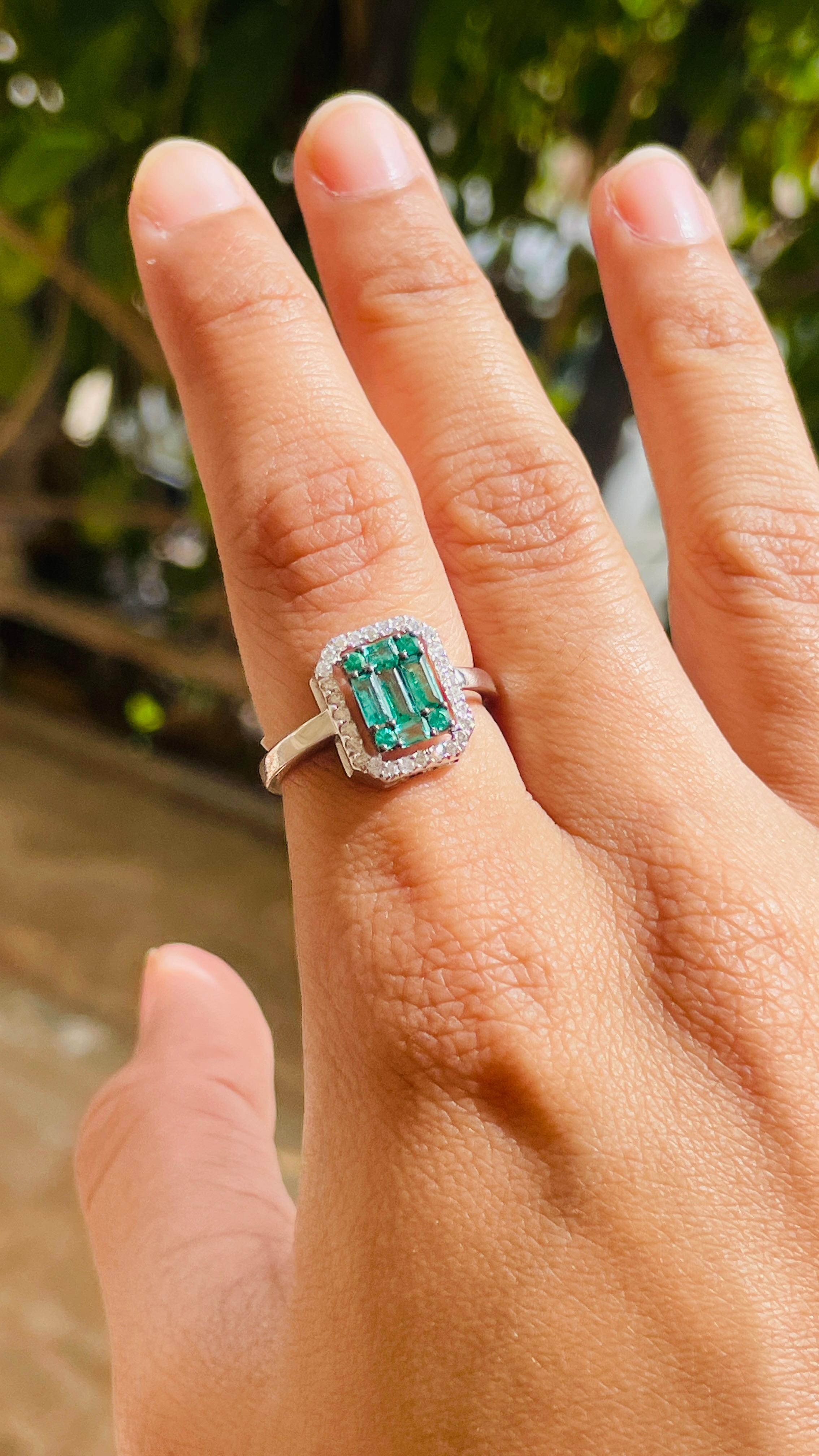 For Sale:  Emerald Cluster Engagement Ring with Diamonds in 18k Solid White Gold 12
