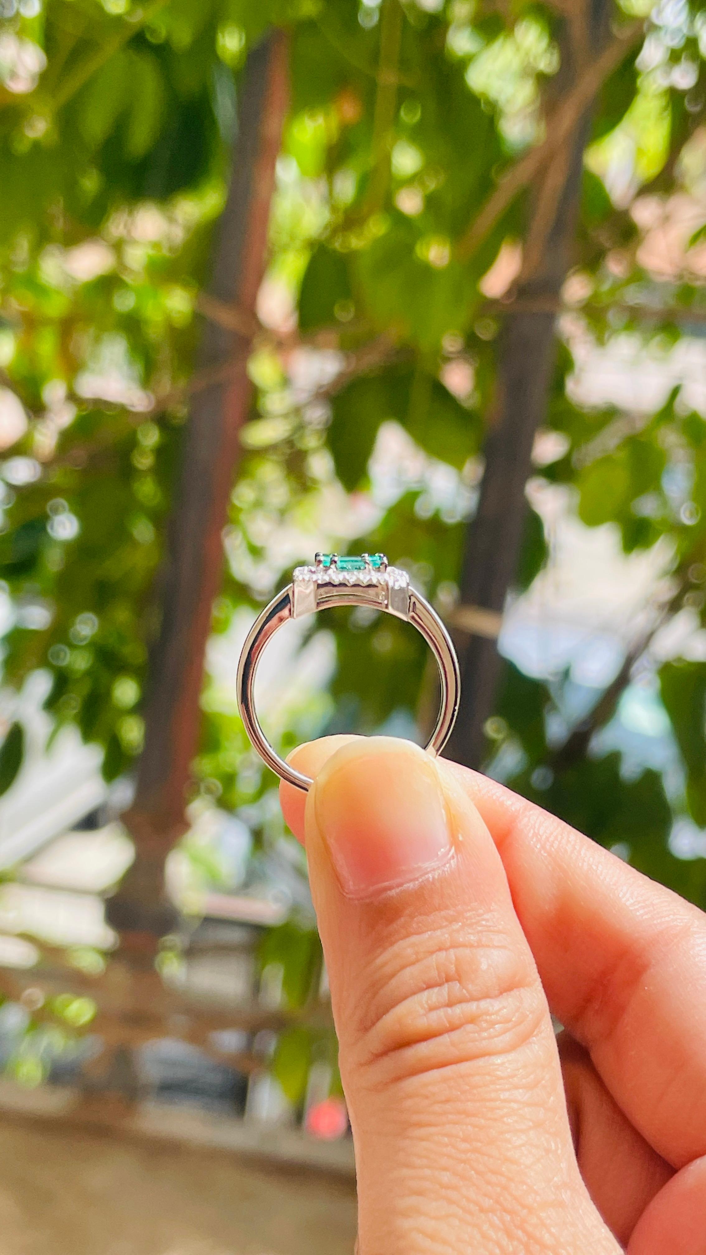 For Sale:  Emerald Cluster Engagement Ring with Diamonds in 18k Solid White Gold 14