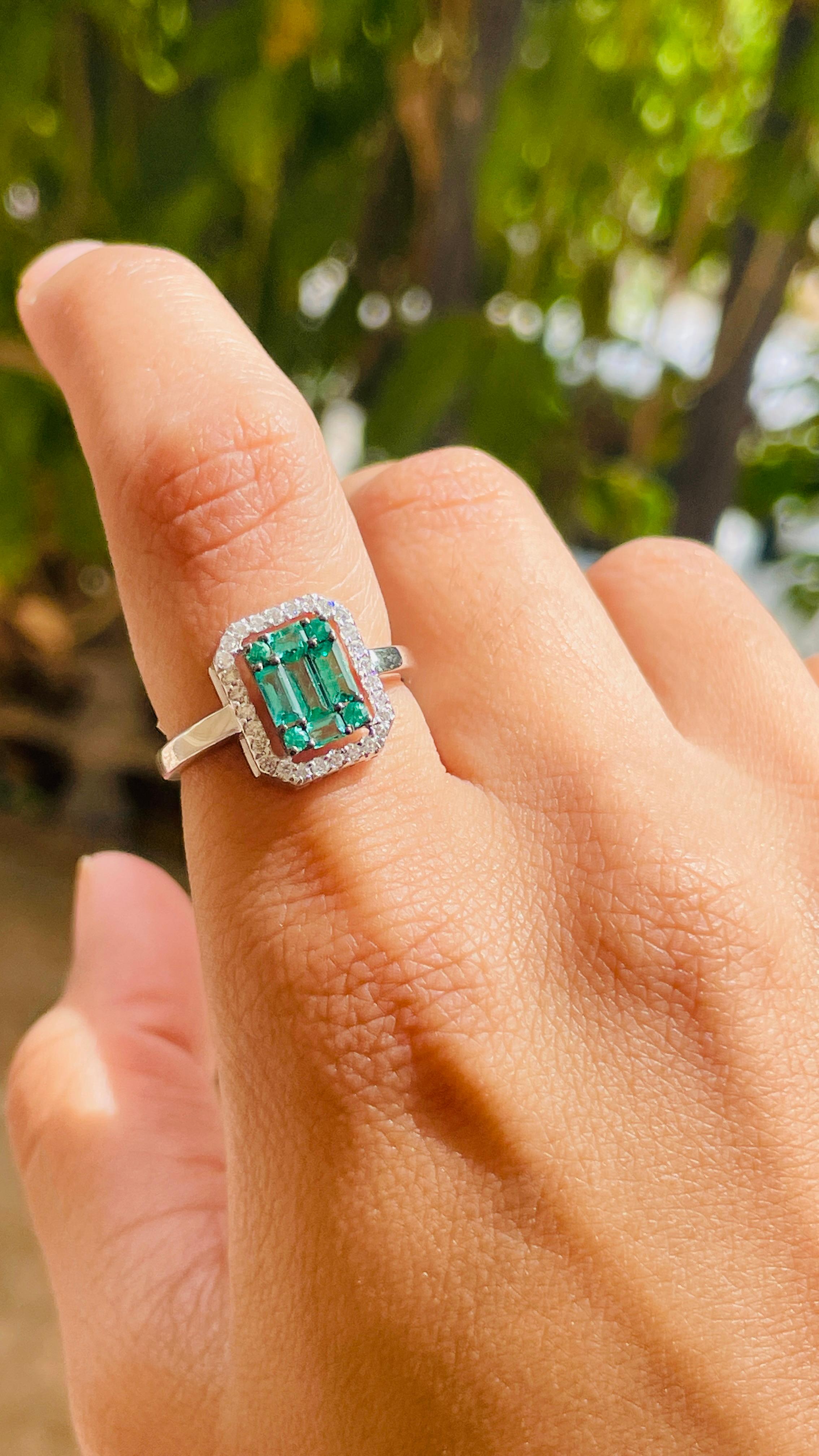 For Sale:  Emerald Cluster Engagement Ring with Diamonds in 18k Solid White Gold 15