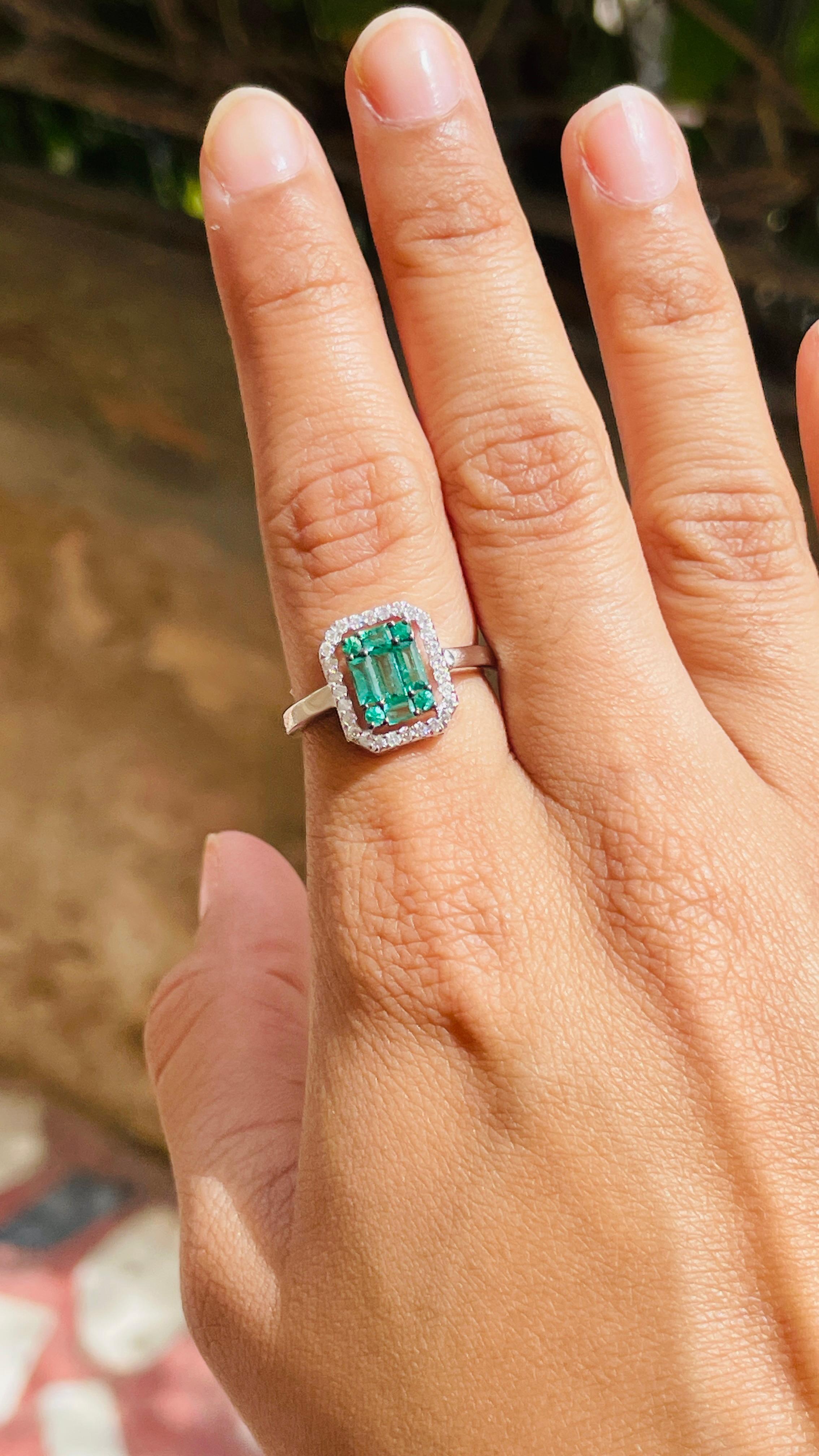 For Sale:  Emerald Cluster Engagement Ring with Diamonds in 18k Solid White Gold 2