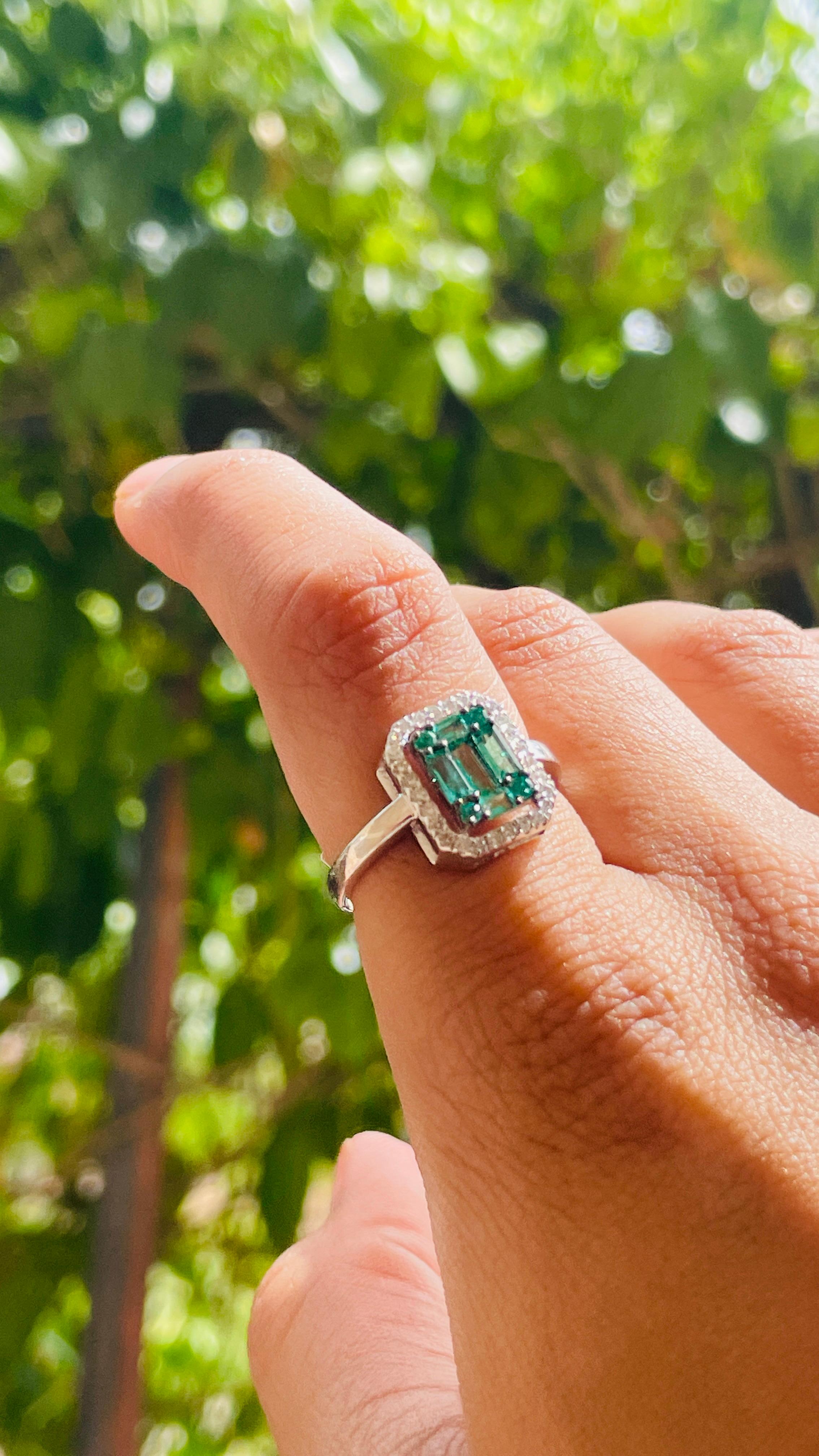 For Sale:  Emerald Cluster Engagement Ring with Diamonds in 18k Solid White Gold 5