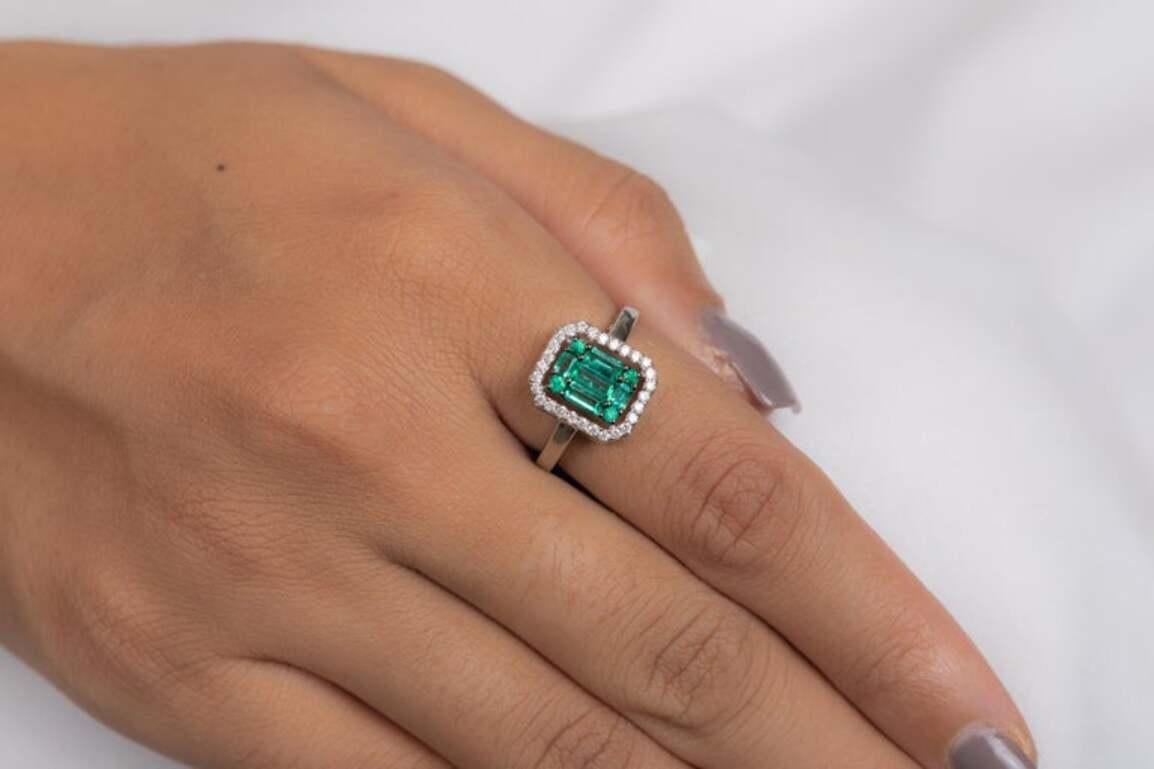 For Sale:  Emerald Cluster Engagement Ring with Diamonds in 18k Solid White Gold 6