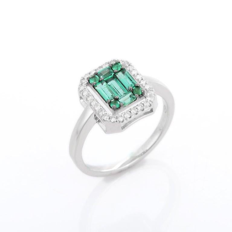 For Sale:  Emerald Cluster Engagement Ring with Diamonds in 18k Solid White Gold 7