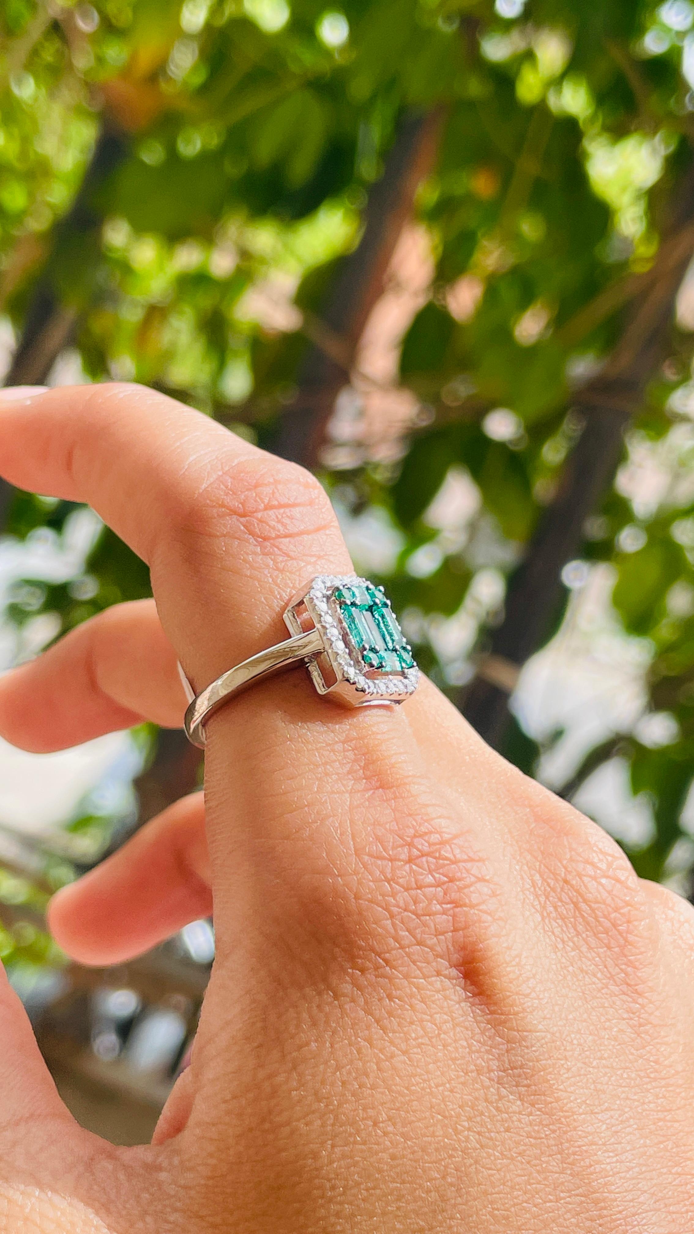 For Sale:  Emerald Cluster Engagement Ring with Diamonds in 18k Solid White Gold 8