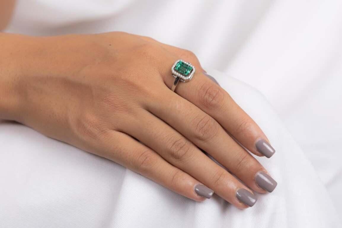 For Sale:  Emerald Cluster Engagement Ring with Diamonds in 18k Solid White Gold 9