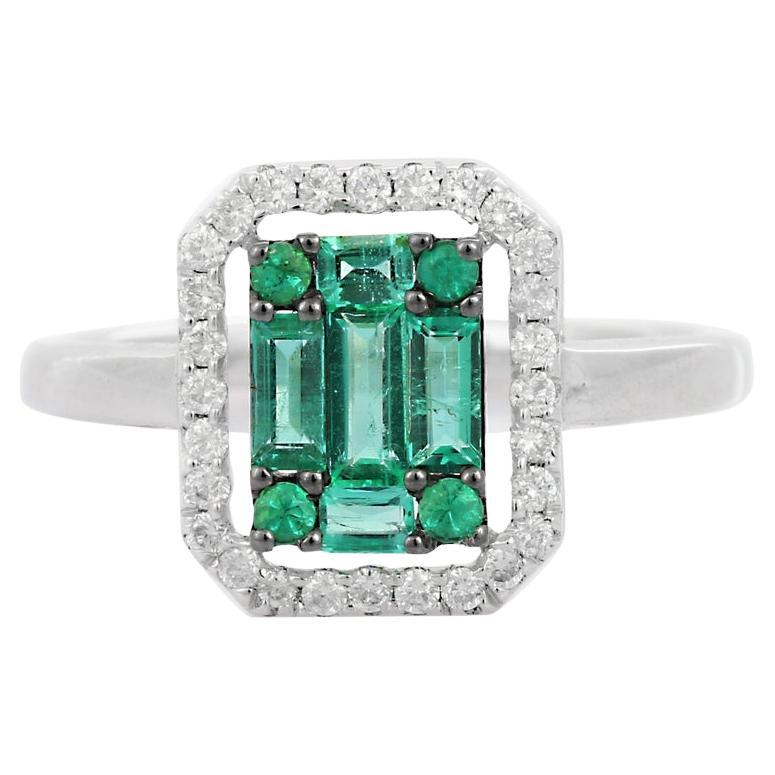 Emerald Cluster Engagement Ring with Diamonds in 18k Solid White Gold