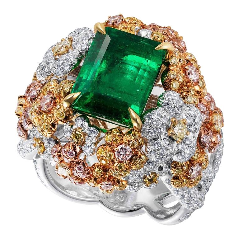 Emerald Cluster Ring with White, Fancy Pink and Fancy Yellow Diamonds For Sale