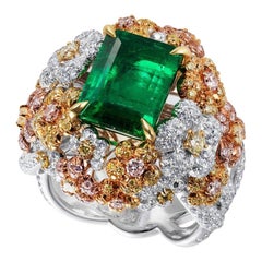 Emerald Cluster Ring with White, Fancy Pink and Fancy Yellow Diamonds