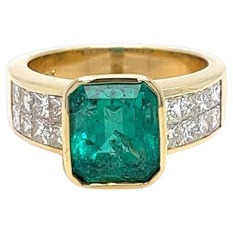Emerald Cocktail Ring Set in 18 Karat Yellow Gold Bezel with Diamond Accents