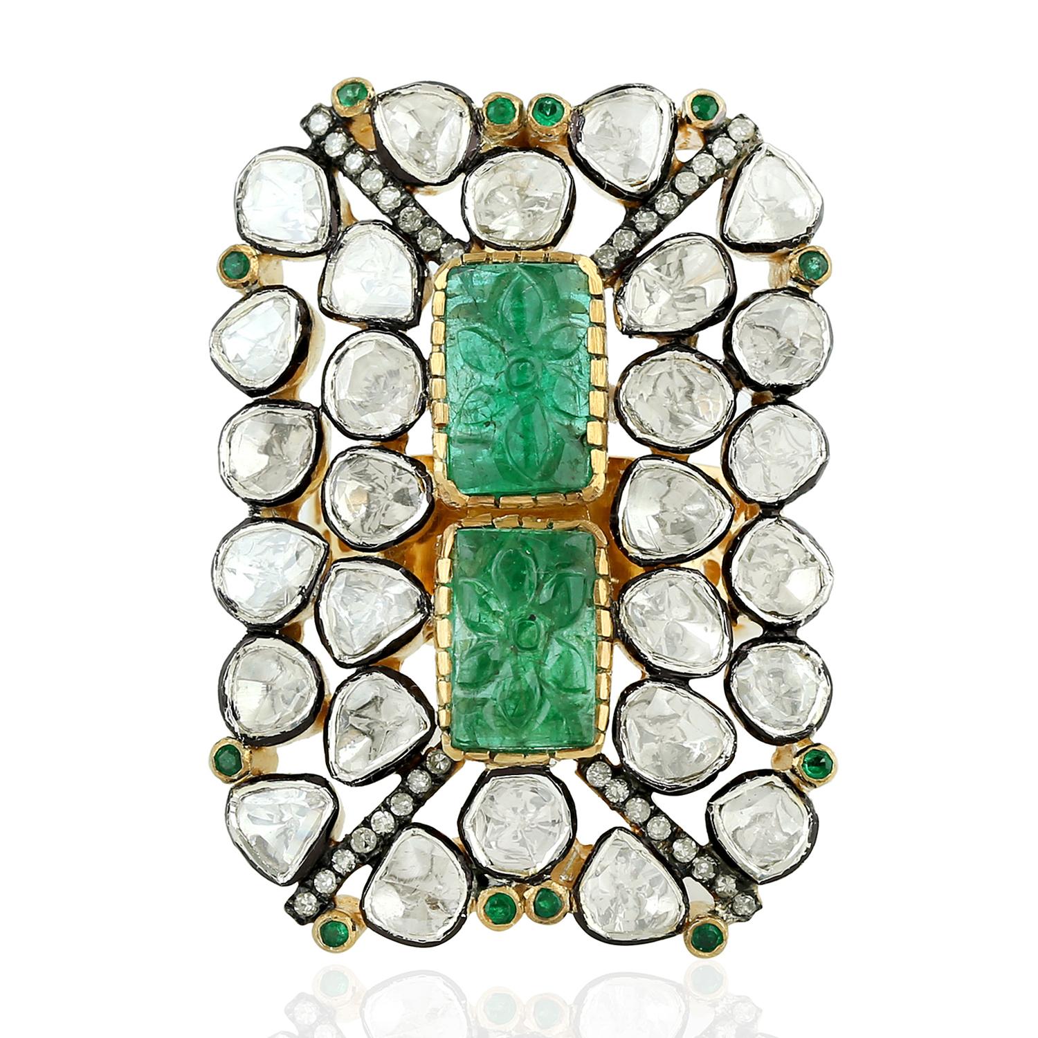 Art Deco Carved Emerald Ring Surrounded by Rose Cut Diamods with Filigree Shank For Sale