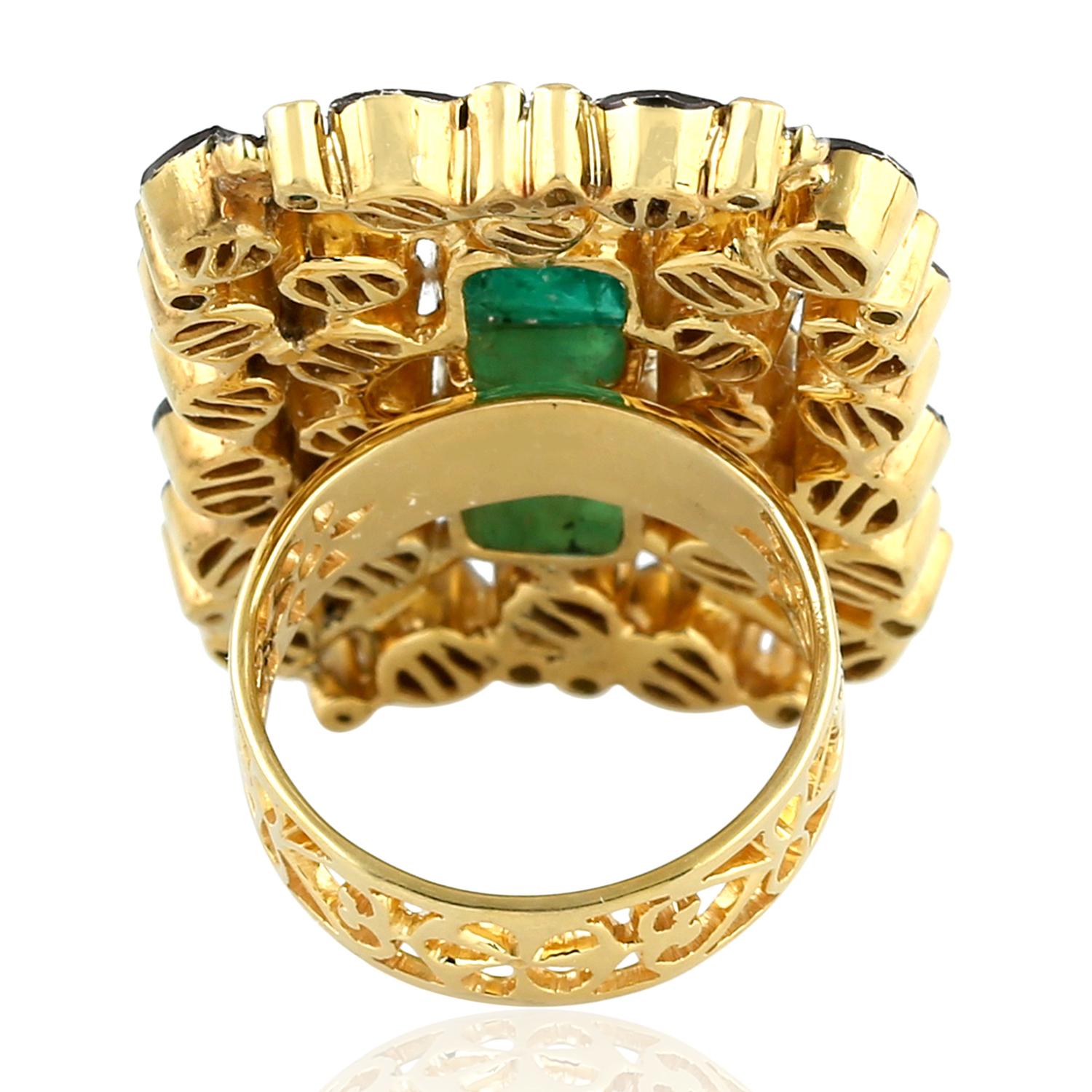 Mixed Cut Carved Emerald Ring Surrounded by Rose Cut Diamods with Filigree Shank For Sale