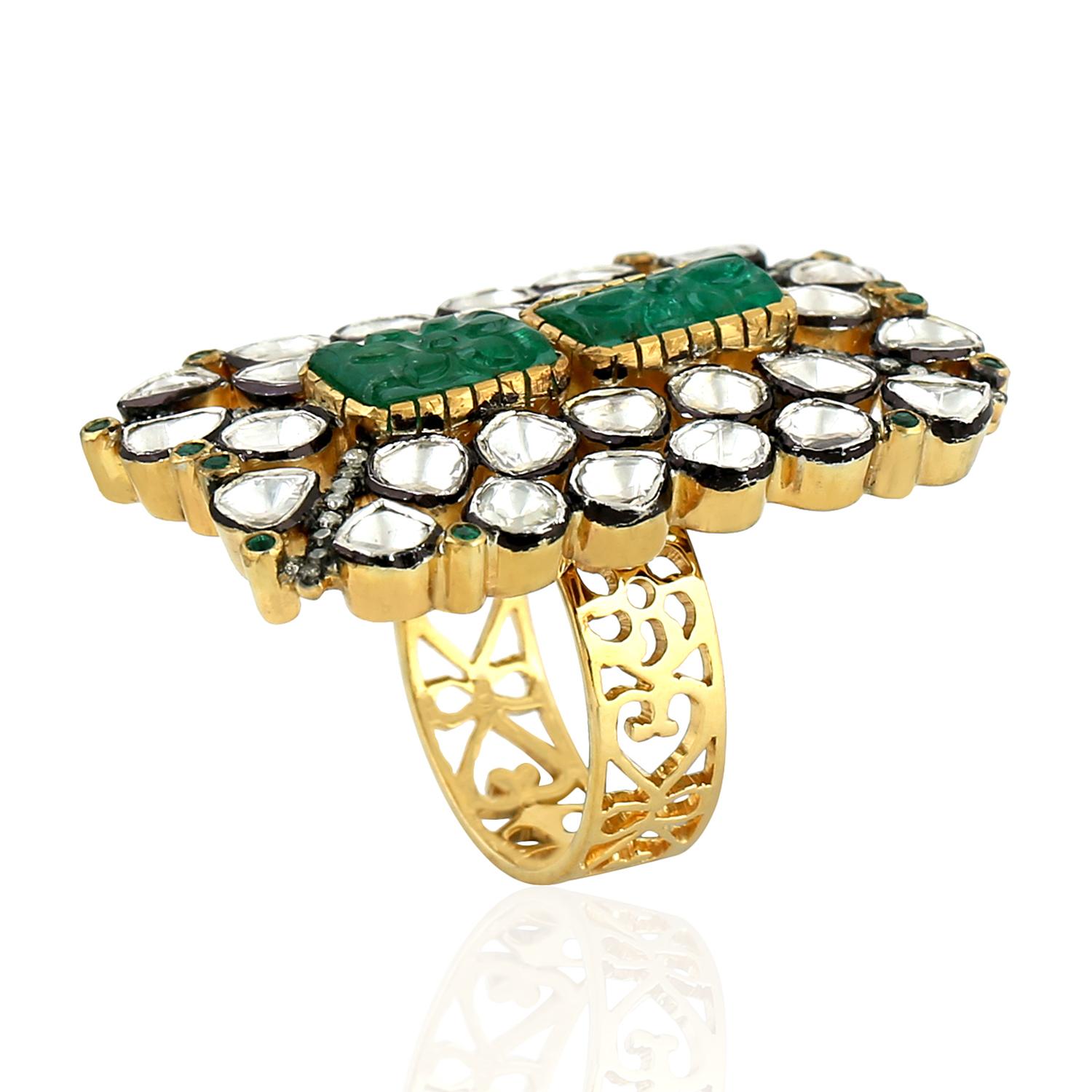 Carved Emerald Ring Surrounded by Rose Cut Diamods with Filigree Shank In New Condition For Sale In New York, NY