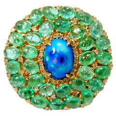 Emerald Cocktail Ring with Opal Center and Diamonds and 18 Karat Gold and Silver