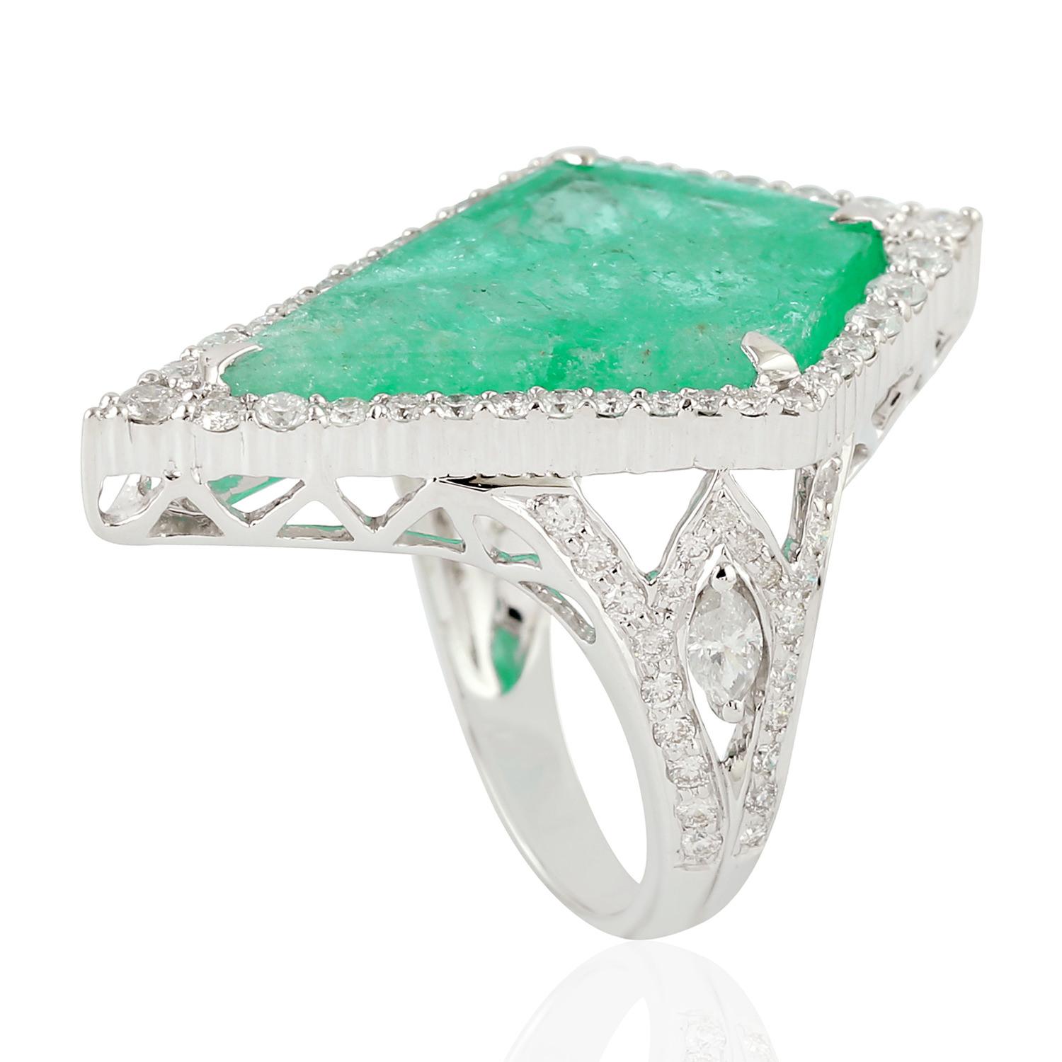 Emerald Cut Emerald Cocktail Ring with Pave Diamond in 18k White Gold For Sale