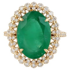 Zambian Emerald Cocktail Ring With Pave Diamonds Made in 18k Yellow Gold