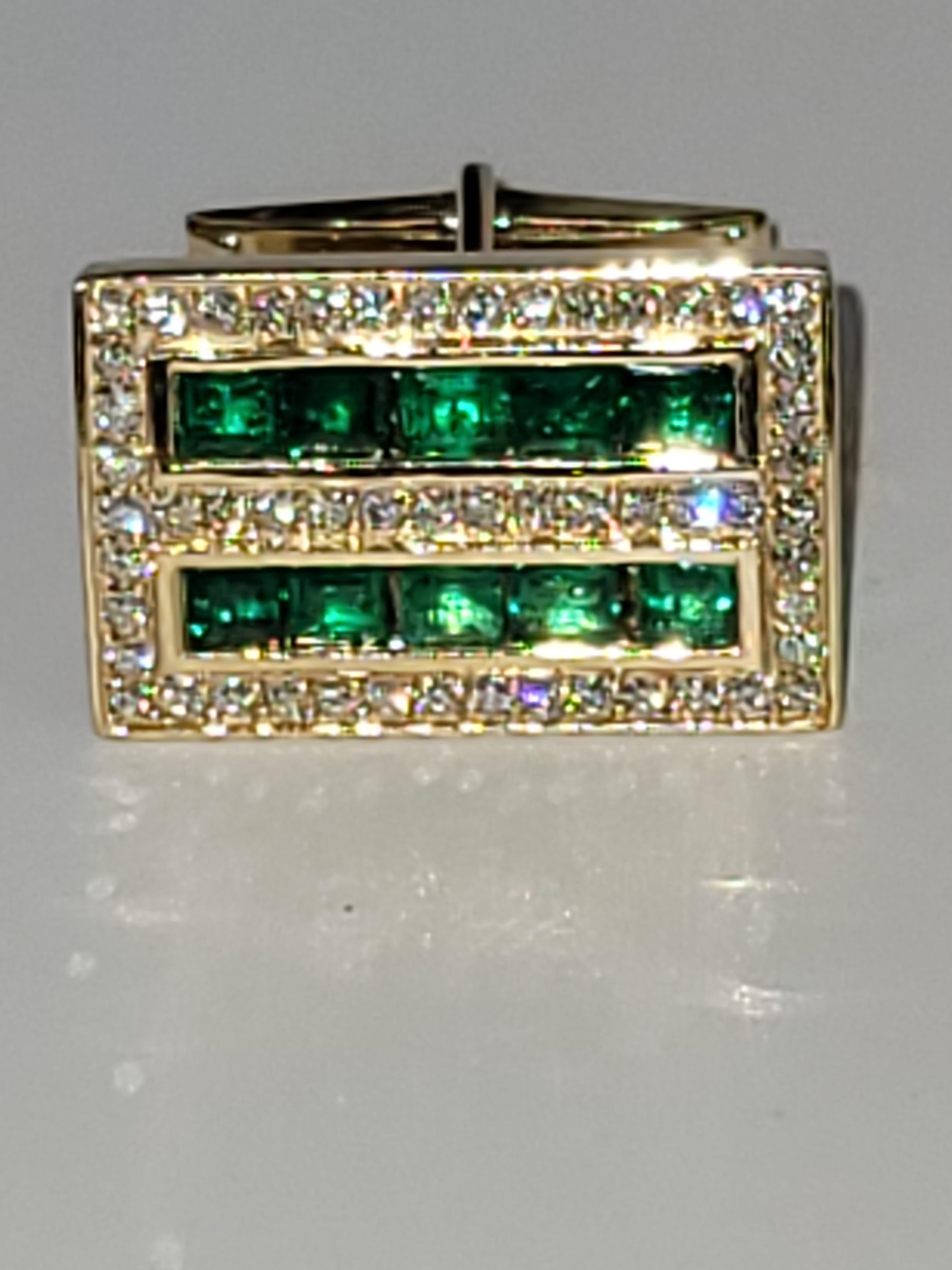 Retro Columbian Emerald and Diamond Cufflink Stud Set 14 karat Gold For Sale