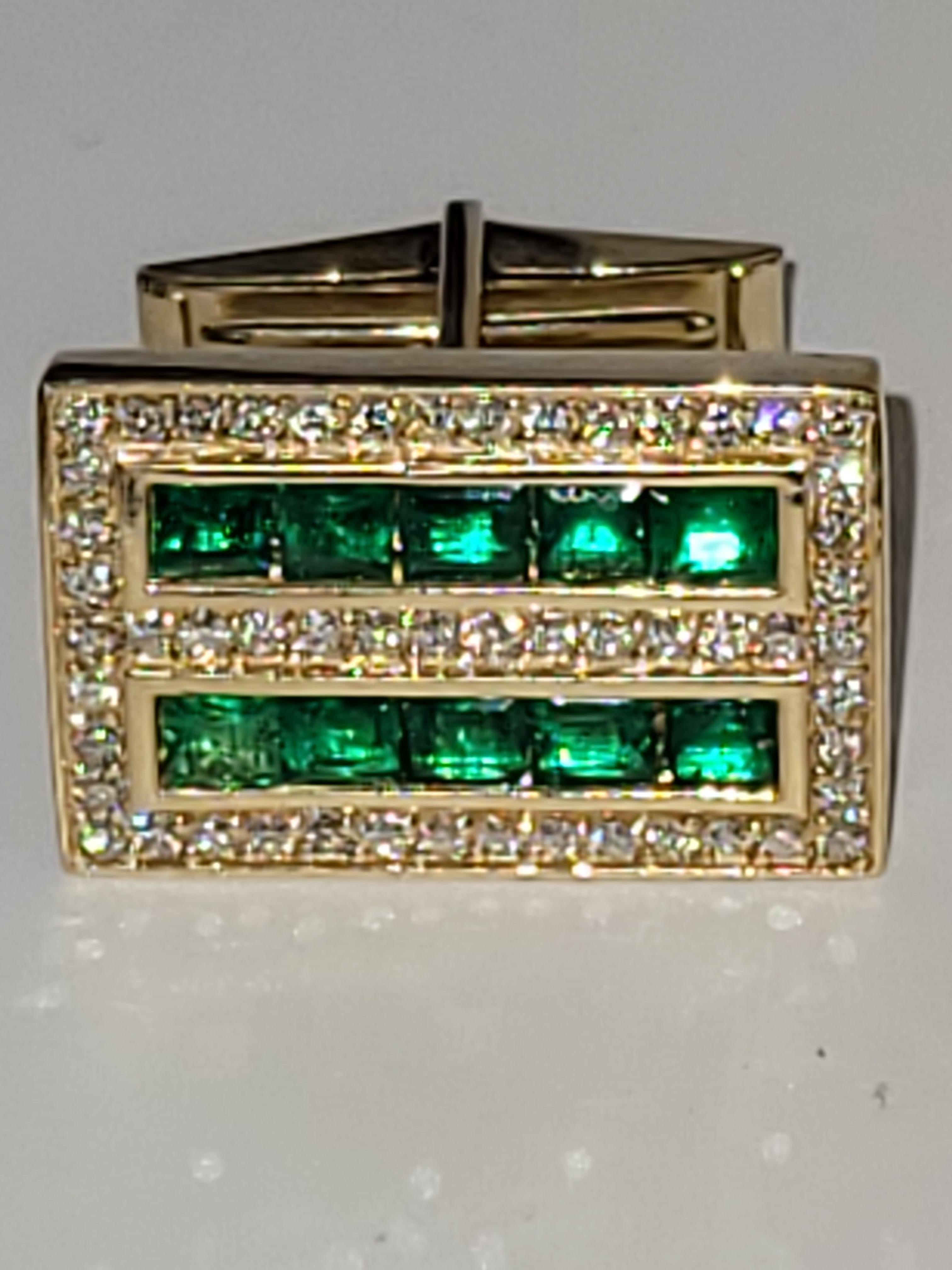 Square Cut Columbian Emerald and Diamond Cufflink Stud Set 14 karat Gold For Sale
