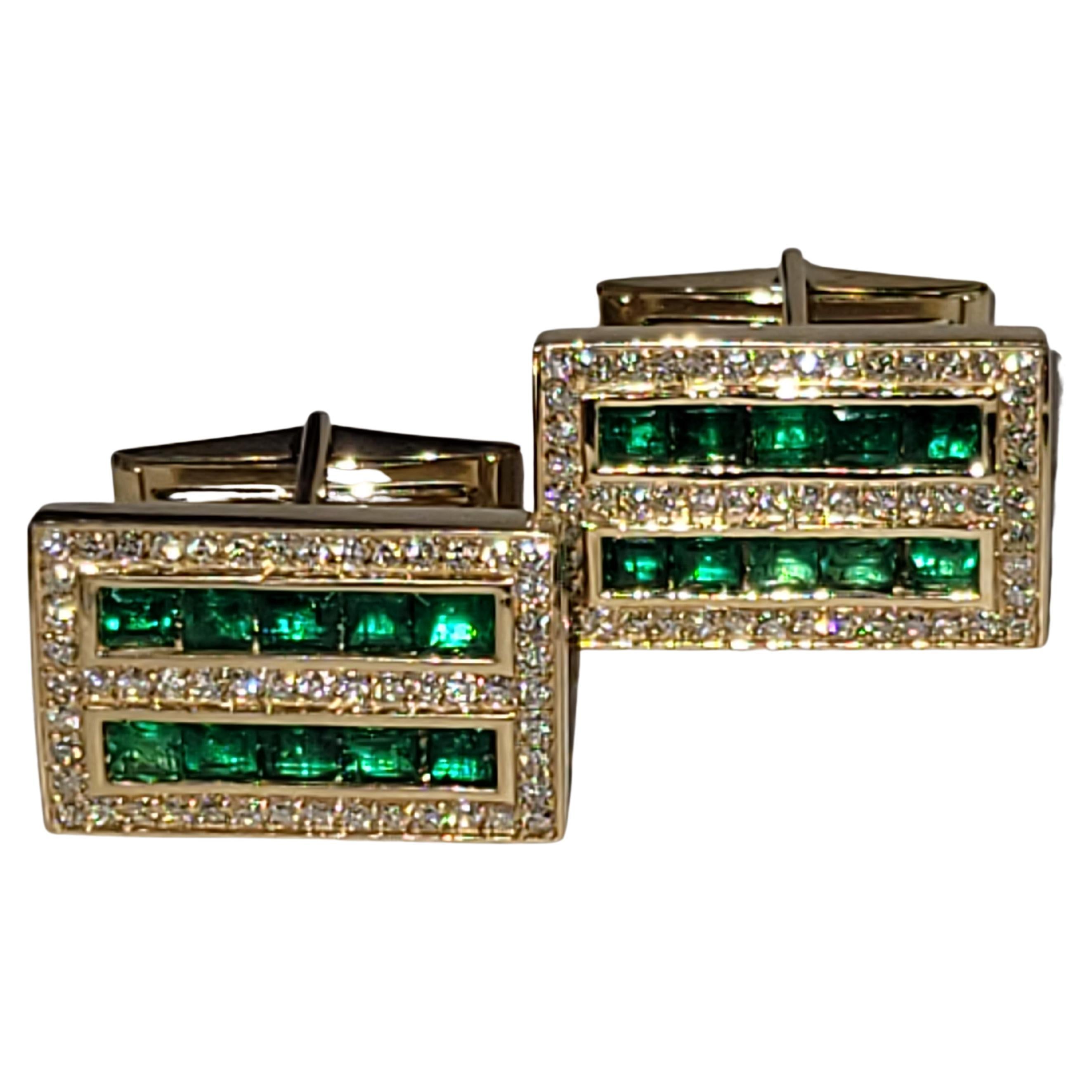 Columbian Emerald and Diamond Cufflink Stud Set 14 karat Gold