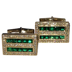Columbian Emerald and Diamond Cufflink Stud Set 14 karat Gold