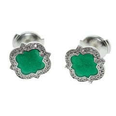 Emerald Color Enamel Diamond 18 Karat White Gold Stud Earring