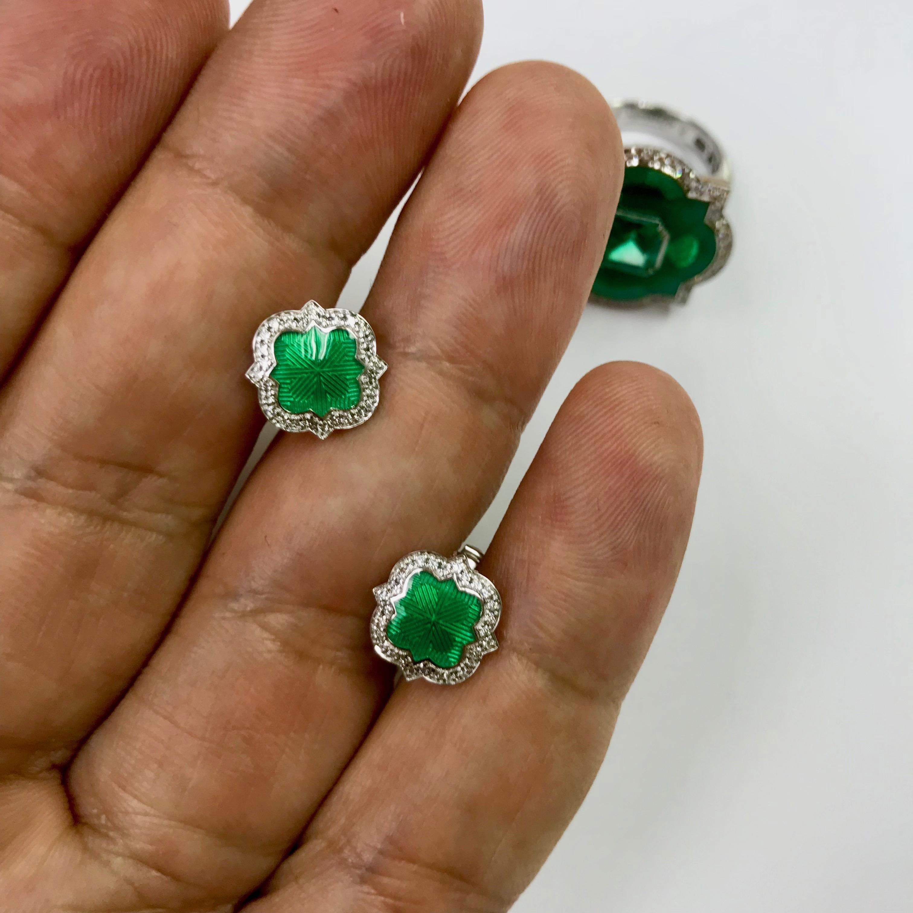 Contemporary Emerald Color Enamel Diamond 18 Karat White Gold Stud Earring