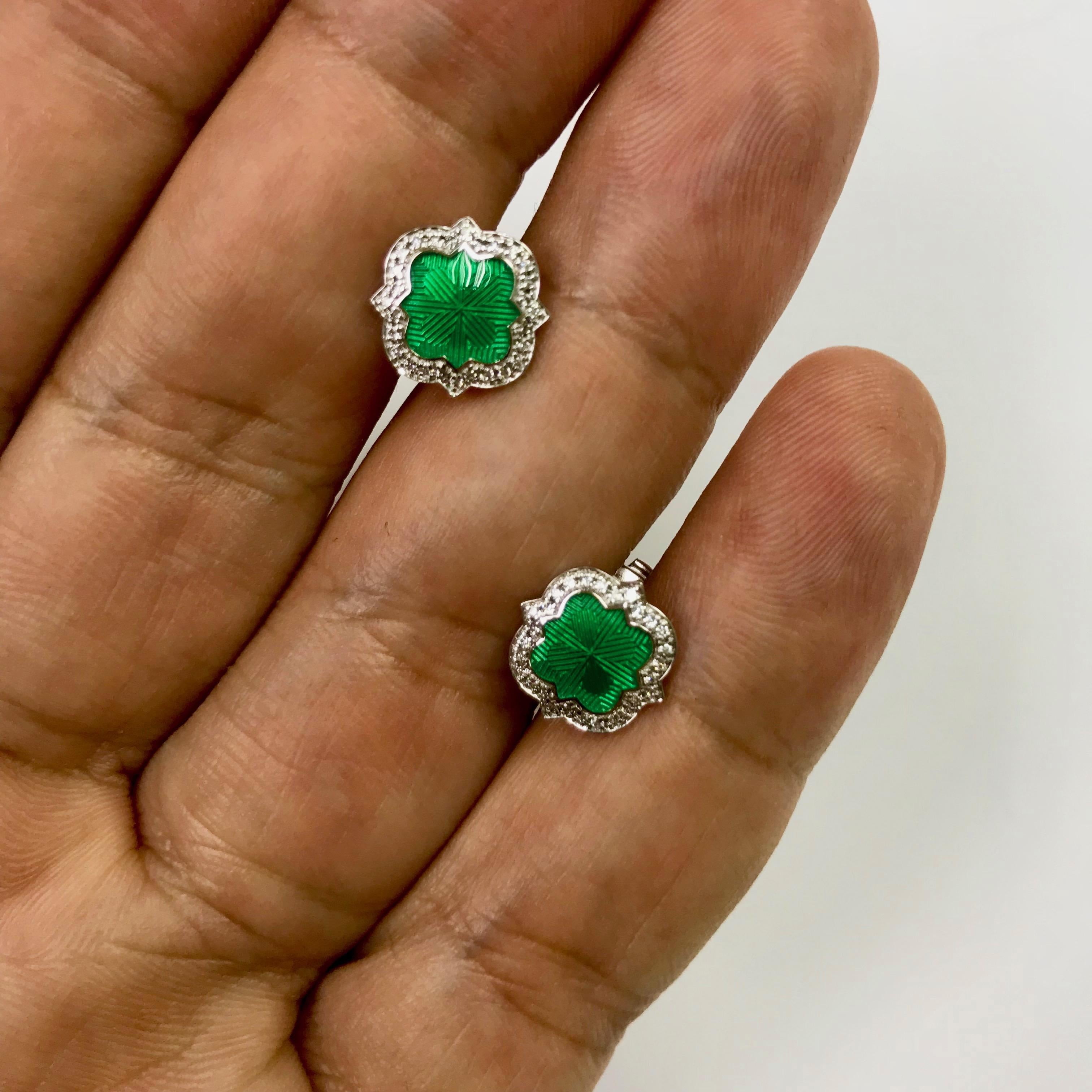 Emerald Cut Emerald Color Enamel Diamond 18 Karat White Gold Stud Earring