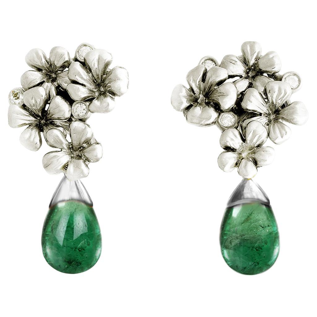 Emerald Contemporary Stud Earrings in Fourteen Karat White Gold with Diamonds