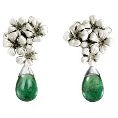 Emerald Contemporary Stud Earrings in Eighteen Karat White Gold with Diamonds