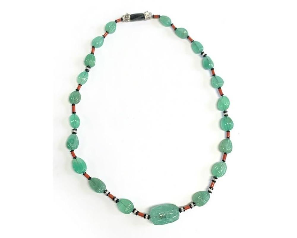 Women's or Men's Emerald Coral Diamond Bead Necklace For Sale