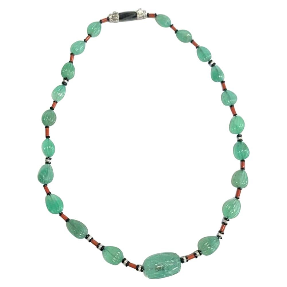 Emerald Coral Diamond Bead Necklace For Sale